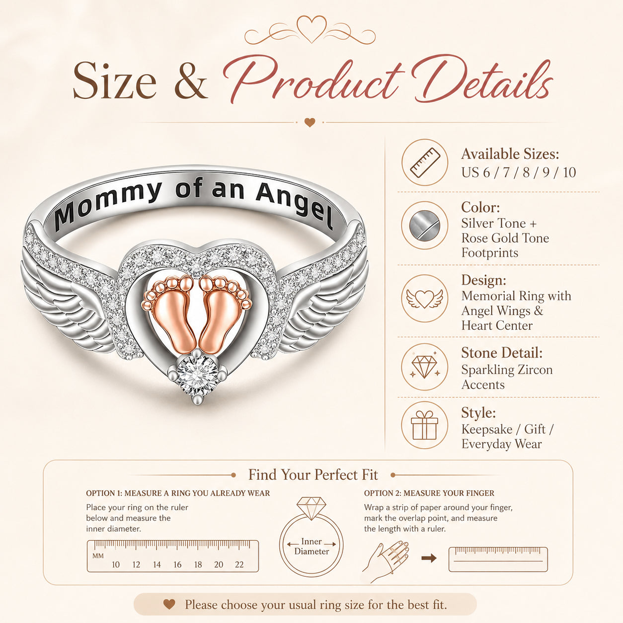 Mommy of an Angel Memorial Ring – Angel Wings & Baby Footprints Keepsake Jewelry