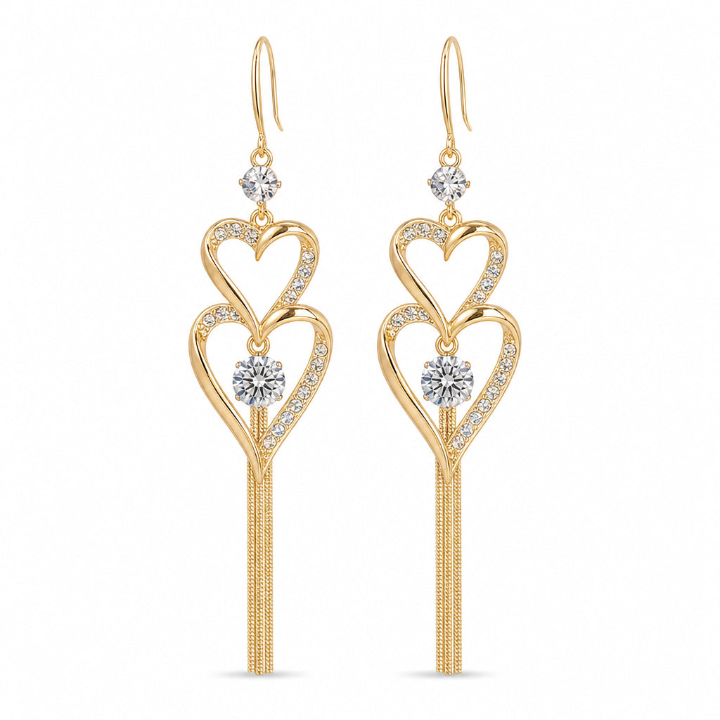 🌸 50% OFF NOW! 🌸legant Gold Double Layer Heart Tassel Drop Earrings with Rhinestones for Women💎