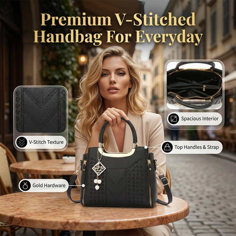 ⏰Women's V-Stitched Satchel – Gold Hardware, Multi-Compartment, Top-Handle 🌸