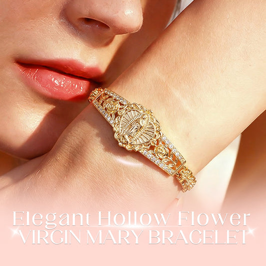💥Elegant Hollow Flower Virgin Mary Bracelet – Filigree Design, Gold Plated, Faith Inspired ✨
