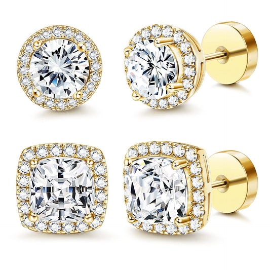 Halo Stud Earrings 4-Pack(Buy 1 get 1 free) - Gold & Silver Round/Square Styles