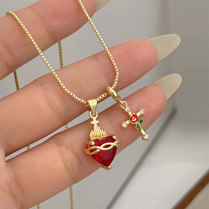 💟Sacred Heart & Rose Cross Pendant Necklace