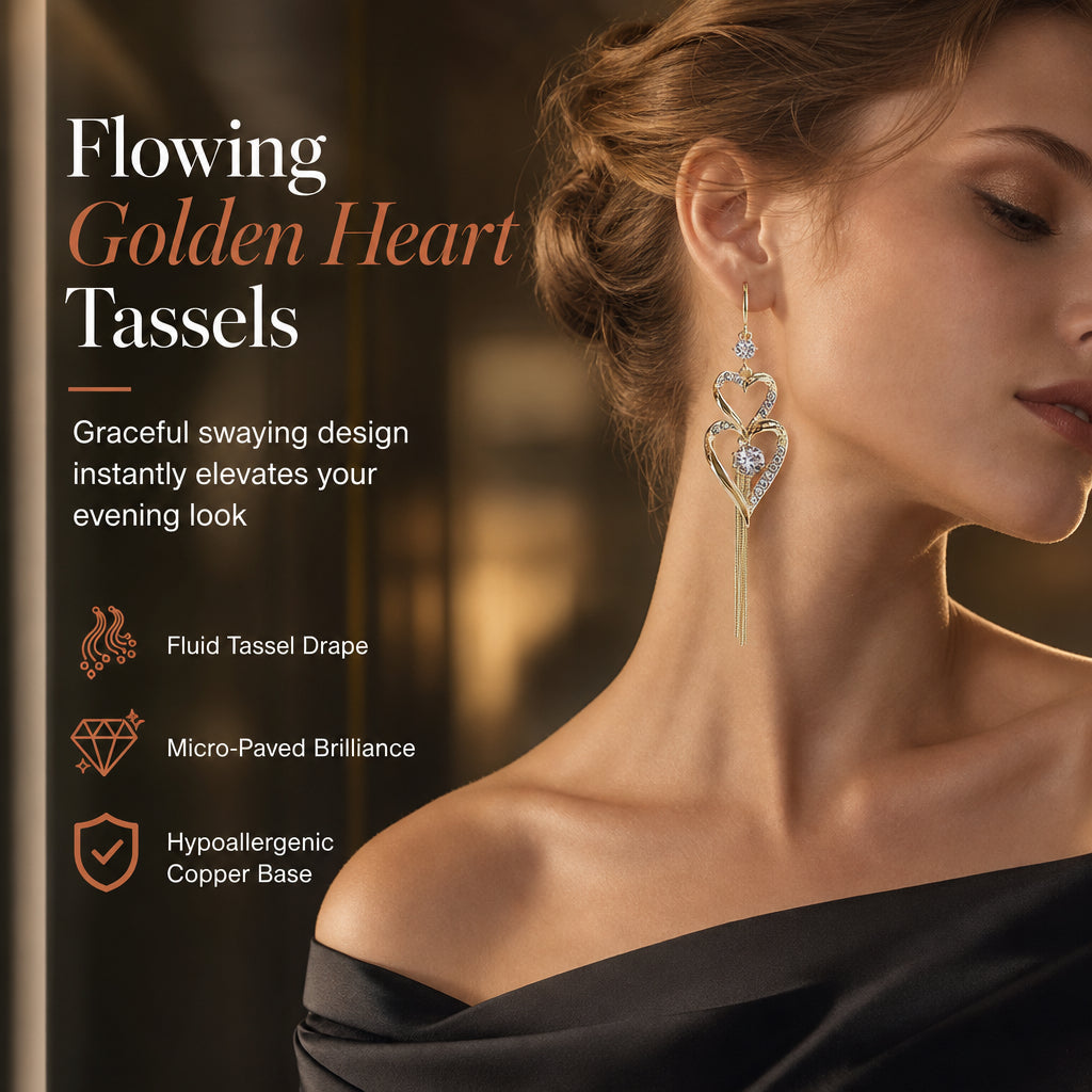 🌸 50% OFF NOW! 🌸legant Gold Double Layer Heart Tassel Drop Earrings with Rhinestones for Women💎