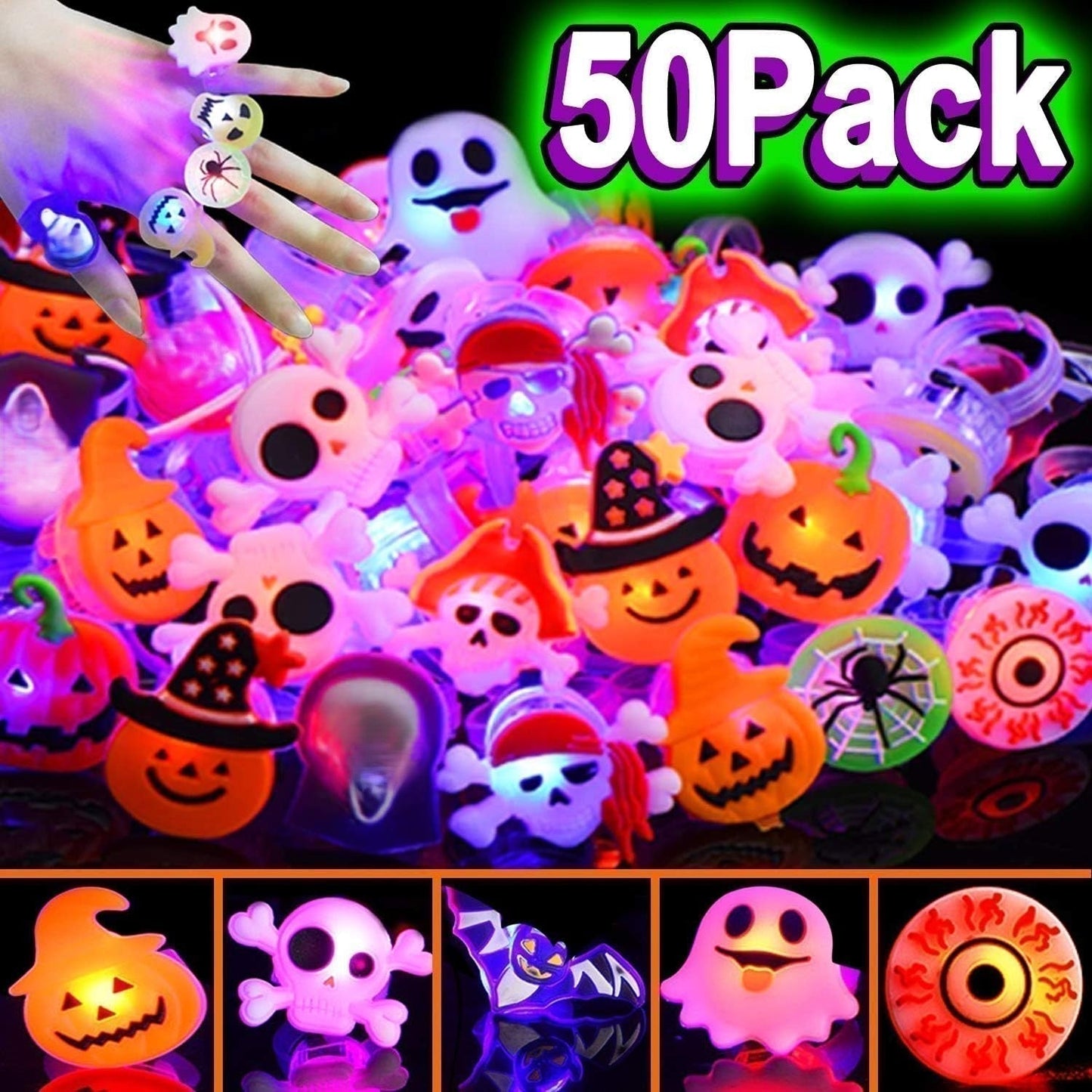 🔥🎃50 Pieces Each Box‼️✨LED Light Halloween Glowing Ring 💍| Flashing Light‑Up Party Favor for Halloween Night👻