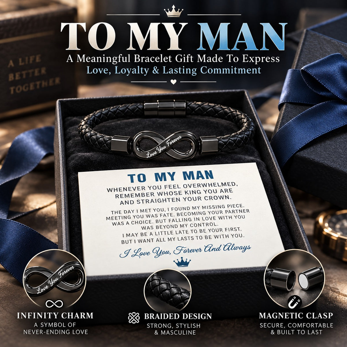 ✨ Engraved Infinity Bracelet for Him – Black Braided Design with “Love You Forever” Message, Romantic Gift for Husband, Boyfriend or Fiancé