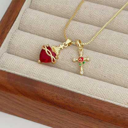 💟Sacred Heart & Rose Cross Pendant Necklace