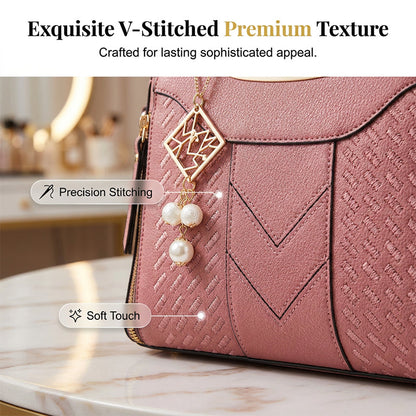 ⏰Women's V-Stitched Satchel – Gold Hardware, Multi-Compartment, Top-Handle 🌸