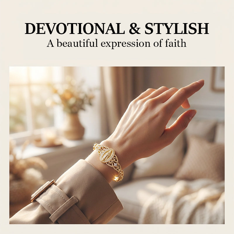 💥Elegant Hollow Flower Virgin Mary Bracelet – Filigree Design, Gold Plated, Faith Inspired ✨