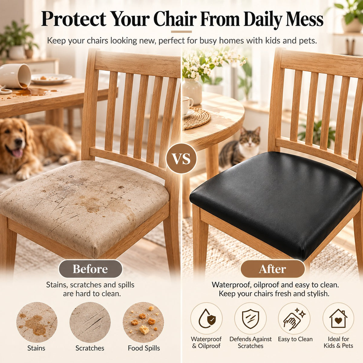 ✨ PU Leather Chair Protector – Waterproof & Oil-Resistant Seat Covers for Dining Chairs, Removable & Washable