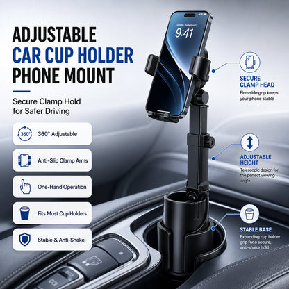 🔥Car Cup Holder Phone Mount – 360° adjustable, strong N52 magnet, one-handed operation, fits all phones, stable magnetic and clamp models for safe driving