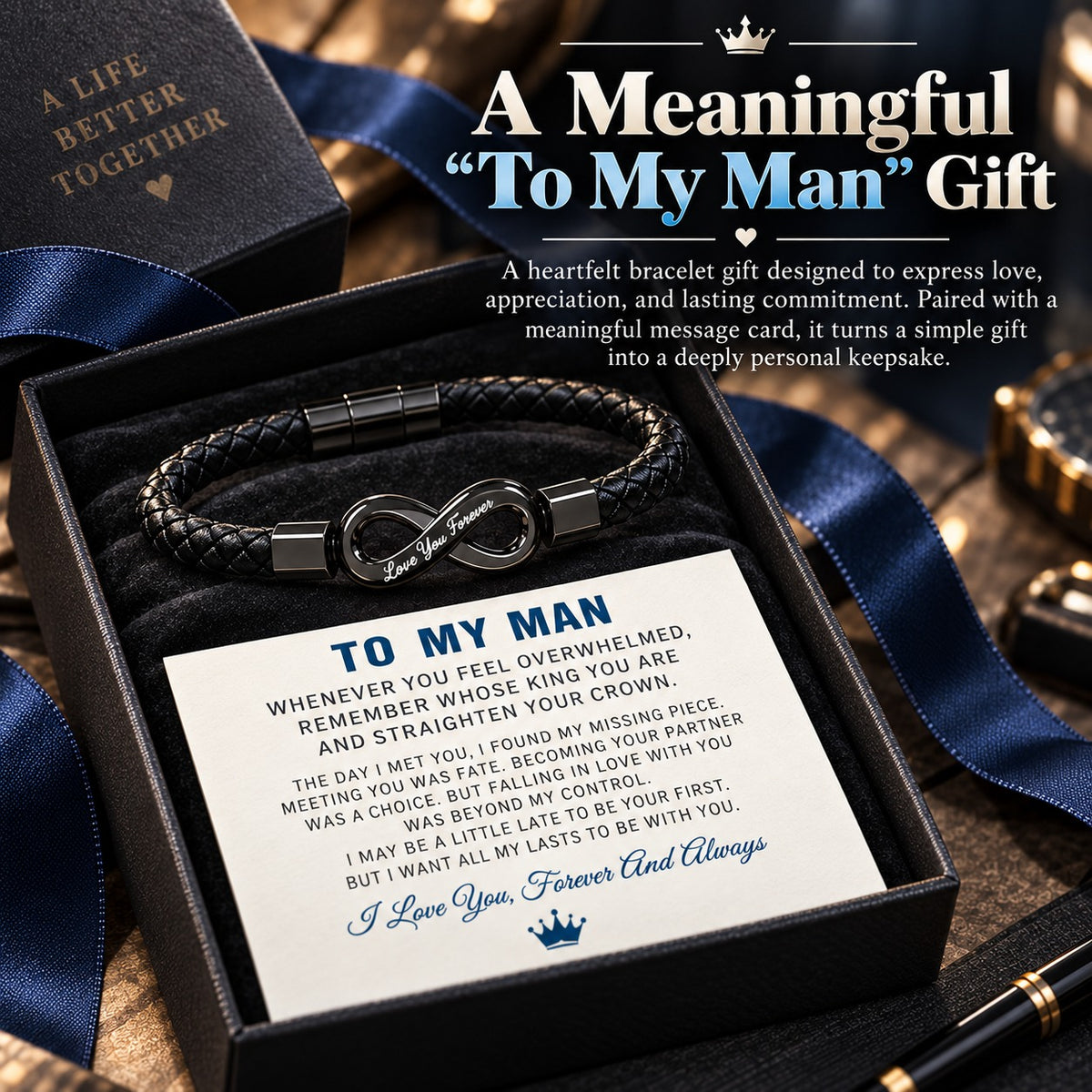 ✨ Engraved Infinity Bracelet for Him – Black Braided Design with “Love You Forever” Message, Romantic Gift for Husband, Boyfriend or Fiancé