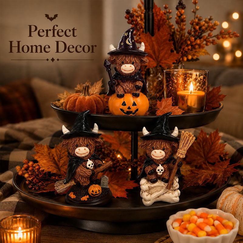 Halloween Highland Cow Witch Ornament – Spooky-Cute Tabletop Decor for Mantel, Shelf & Candy Station