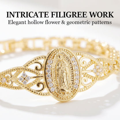 💥Elegant Hollow Flower Virgin Mary Bracelet – Filigree Design, Gold Plated, Faith Inspired ✨
