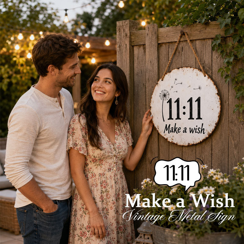 Circular rustic metal sign with dandelion 11:11 make a wish design