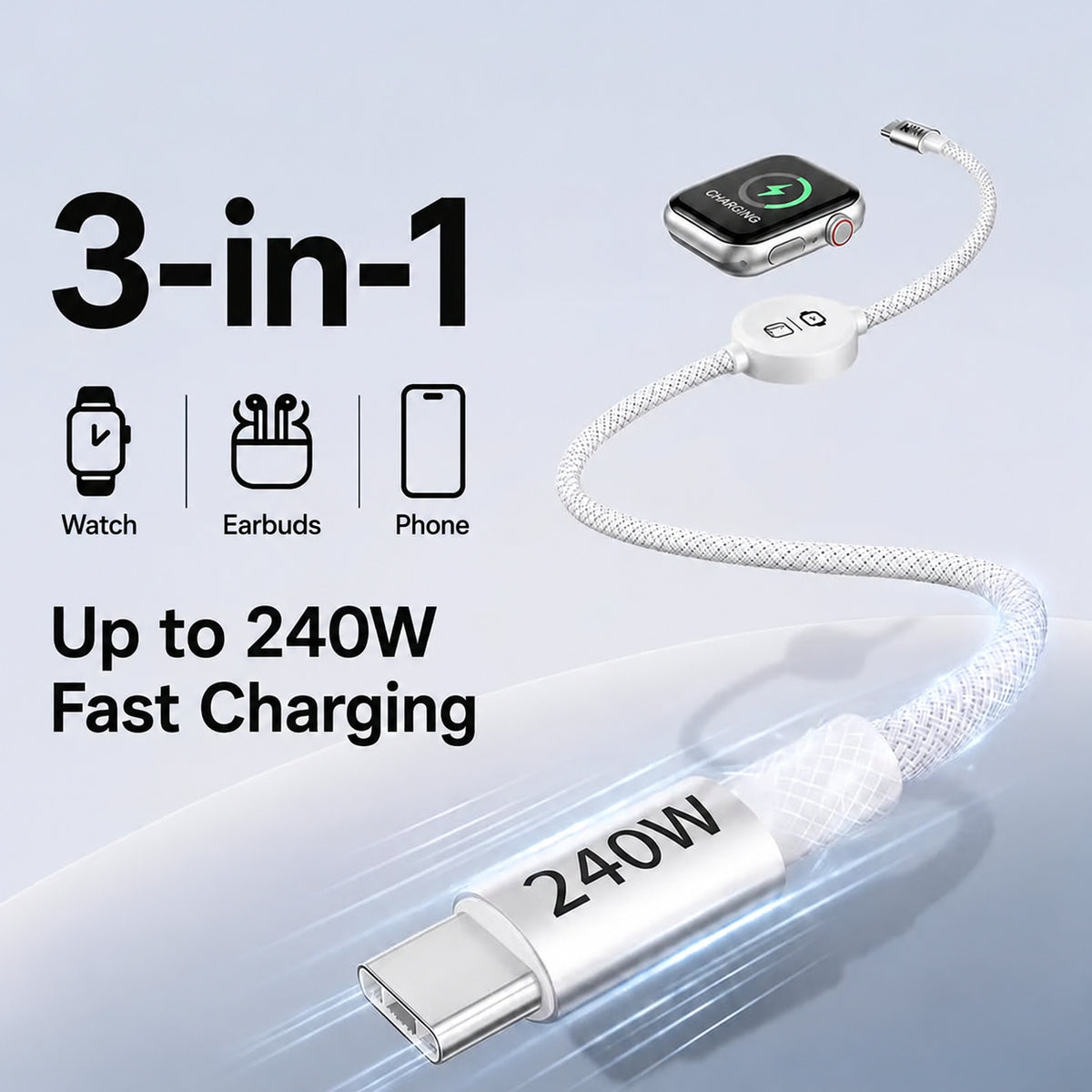 3-in-1 USB-C Data & Charging Cable, 240W, 5 ft Braided