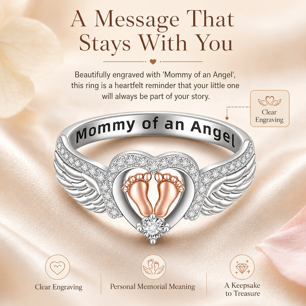 Mommy of an Angel Memorial Ring – Angel Wings & Baby Footprints Keepsake Jewelry