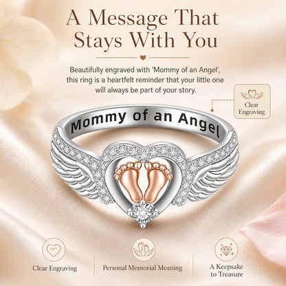Mommy of an Angel Memorial Ring – Angel Wings & Baby Footprints Keepsake Jewelry