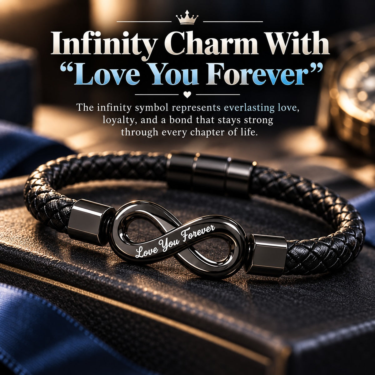 ✨ Engraved Infinity Bracelet for Him – Black Braided Design with “Love You Forever” Message, Romantic Gift for Husband, Boyfriend or Fiancé