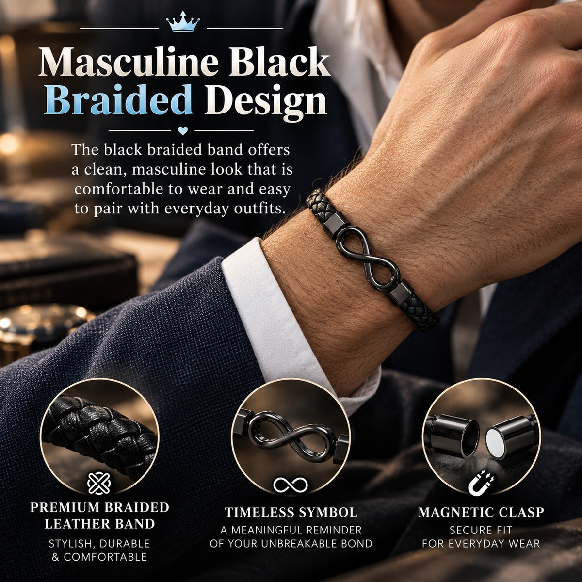✨ Engraved Infinity Bracelet for Him – Black Braided Design with “Love You Forever” Message, Romantic Gift for Husband, Boyfriend or Fiancé