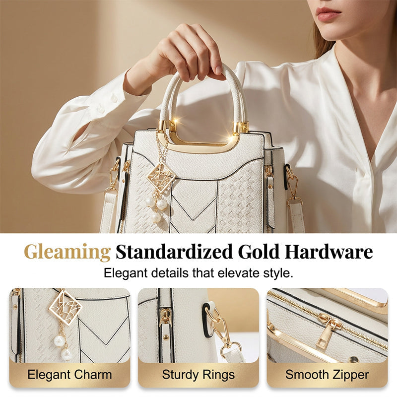 ⏰Women's V-Stitched Satchel – Gold Hardware, Multi-Compartment, Top-Handle 🌸