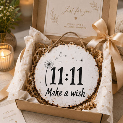 Circular rustic metal sign with dandelion 11:11 make a wish design