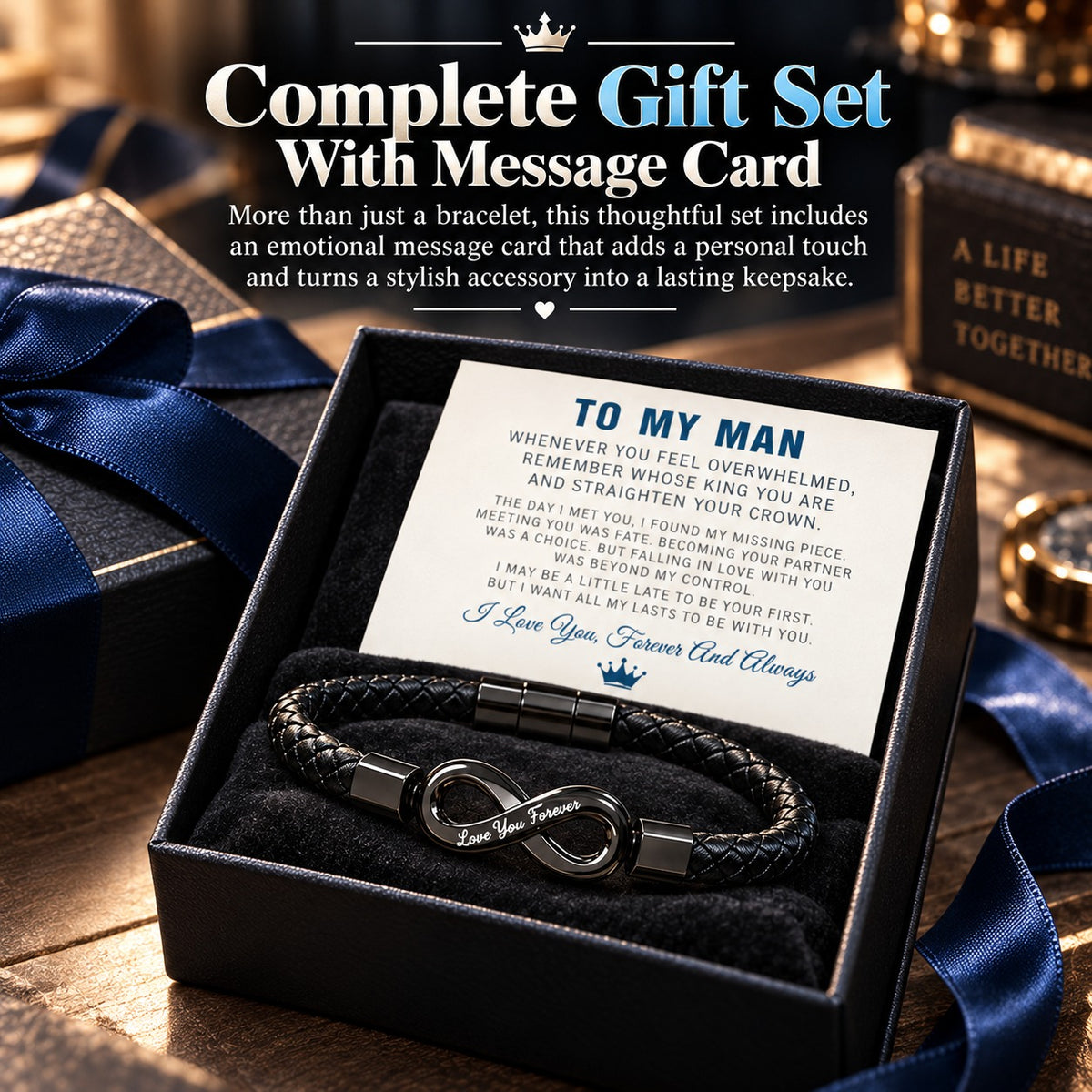 ✨ Engraved Infinity Bracelet for Him – Black Braided Design with “Love You Forever” Message, Romantic Gift for Husband, Boyfriend or Fiancé