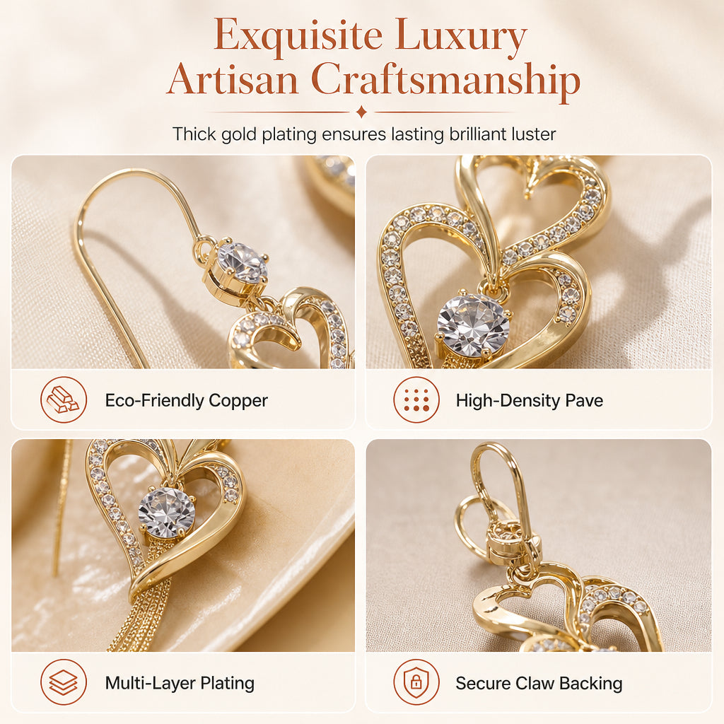 🌸 50% OFF NOW! 🌸legant Gold Double Layer Heart Tassel Drop Earrings with Rhinestones for Women💎