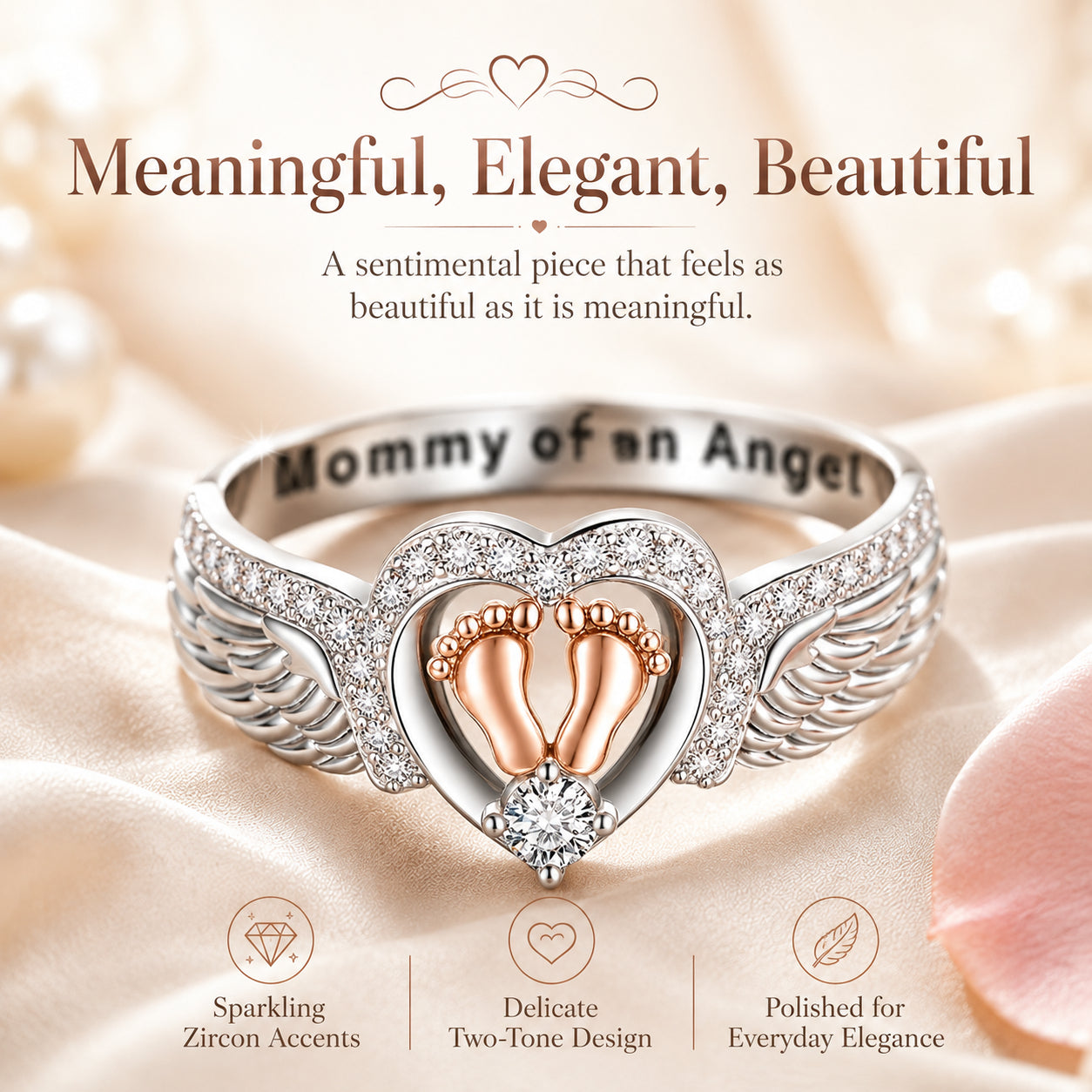 Mommy of an Angel Memorial Ring – Angel Wings & Baby Footprints Keepsake Jewelry