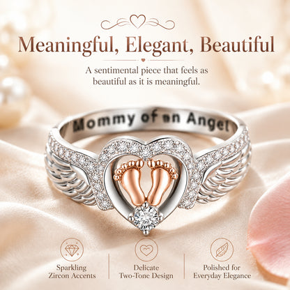 Mommy of an Angel Memorial Ring – Angel Wings & Baby Footprints Keepsake Jewelry