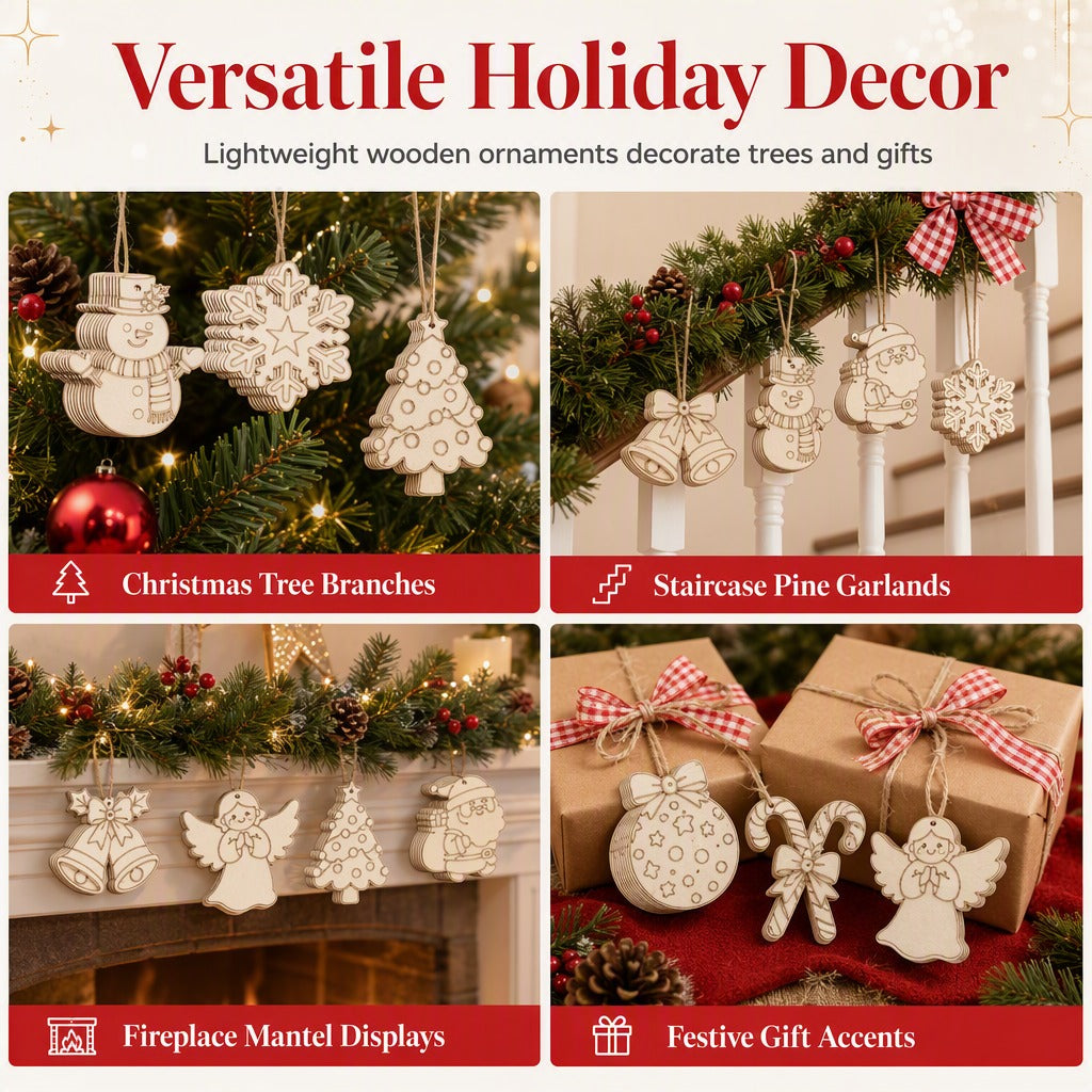 8 Piece Carved Wood Slice Christmas Tree Hanging Ornaments Set with Hemp Ropes for Holiday Party Home Decor