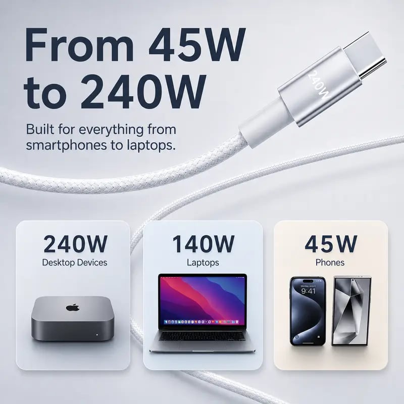 3-in-1 USB-C Data & Charging Cable, 240W, 5 ft Braided
