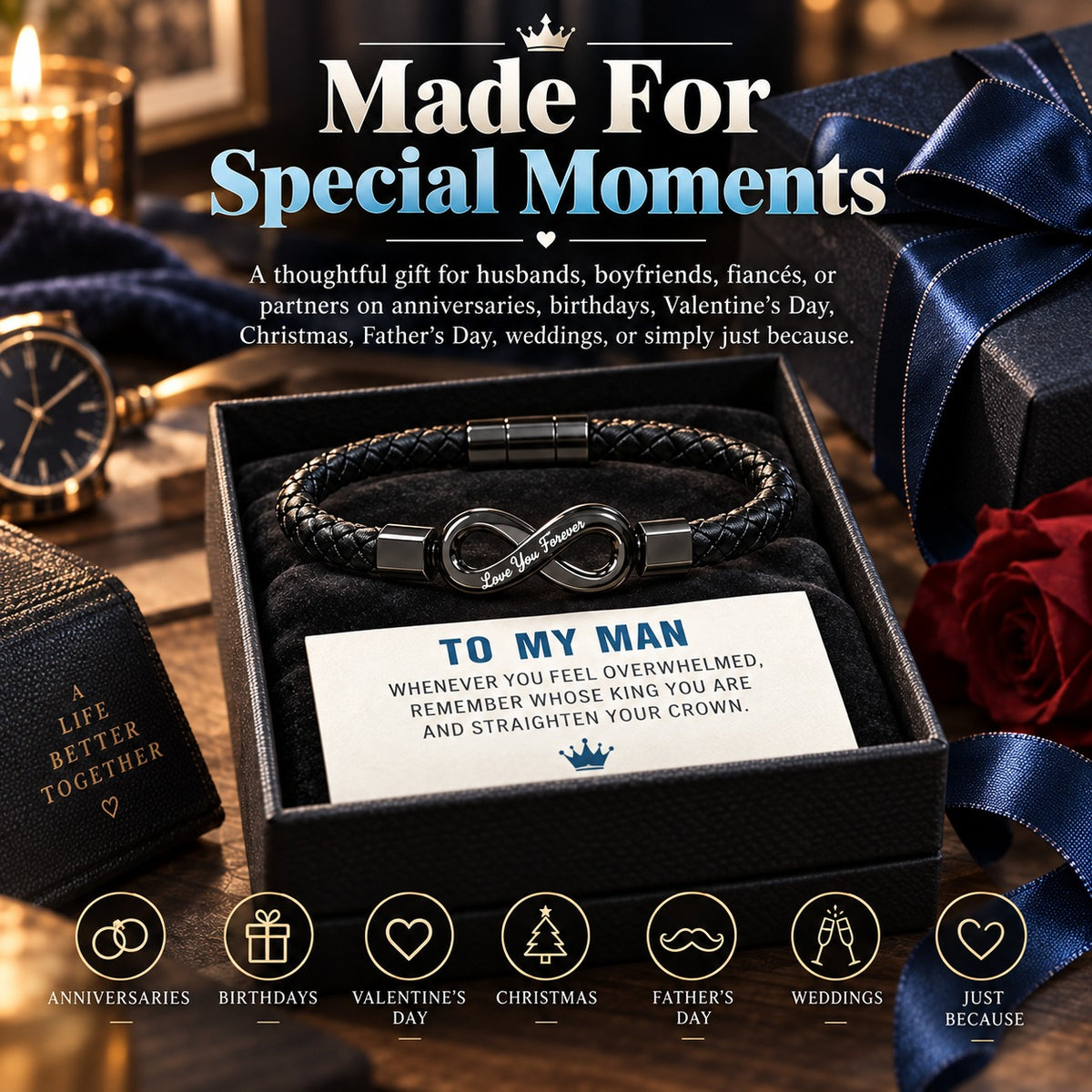 ✨ Engraved Infinity Bracelet for Him – Black Braided Design with “Love You Forever” Message, Romantic Gift for Husband, Boyfriend or Fiancé