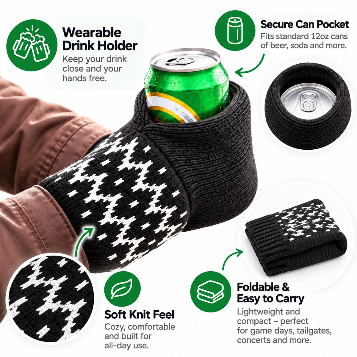Hands-Free Wearable Can Holder – Cozy Knit Drink Sleeve for Game Day