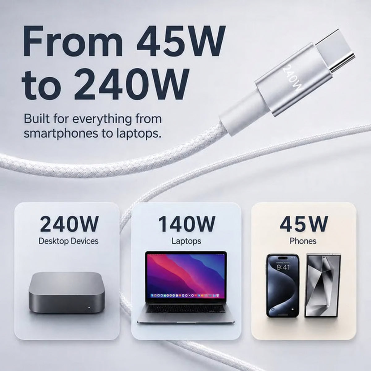 3-in-1 USB-C Data & Charging Cable, 240W, 5 ft Braided