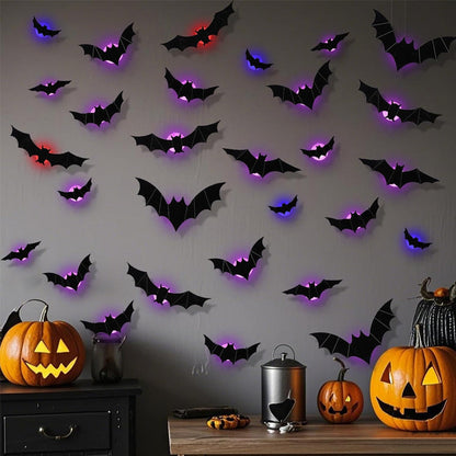 Halloween LED Flying Bat Decorations – Glowing 3D Bat Wall Decor for Porch, Window, Door, Garage & Party Backdrop