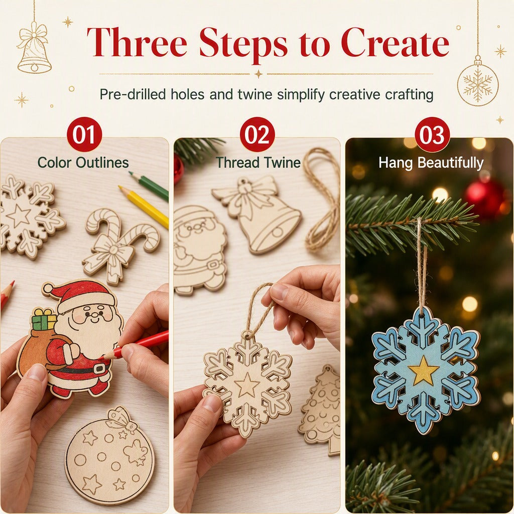 8 Piece Carved Wood Slice Christmas Tree Hanging Ornaments Set with Hemp Ropes for Holiday Party Home Decor