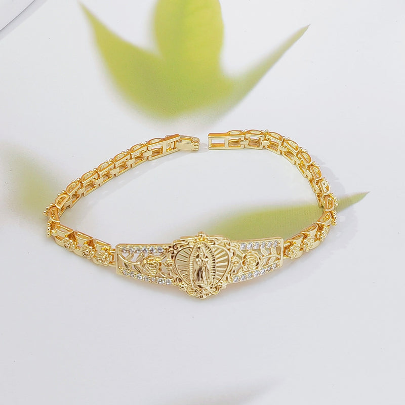 💥Elegant Hollow Flower Virgin Mary Bracelet – Filigree Design, Gold Plated, Faith Inspired ✨