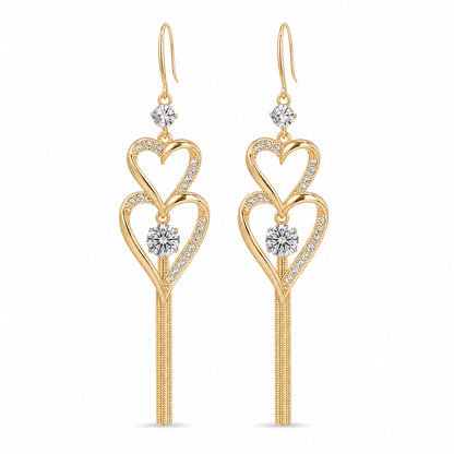 🌸 50% OFF NOW! 🌸legant Gold Double Layer Heart Tassel Drop Earrings with Rhinestones for Women💎