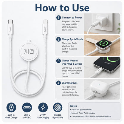 3-in-1 USB-C Data & Charging Cable, 240W, 5 ft Braided