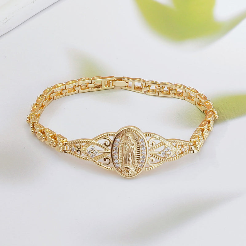 💥Elegant Hollow Flower Virgin Mary Bracelet – Filigree Design, Gold Plated, Faith Inspired ✨