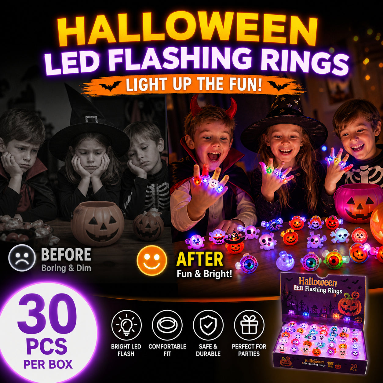 🔥🎃50 Pieces Each Box‼️✨LED Light Halloween Glowing Ring 💍| Flashing Light‑Up Party Favor for Halloween Night👻