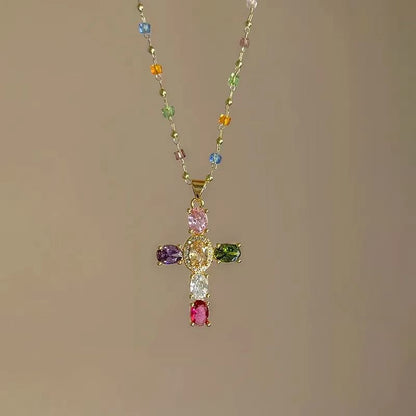 Colorful Rhinestone Cross Pendant Necklaces
