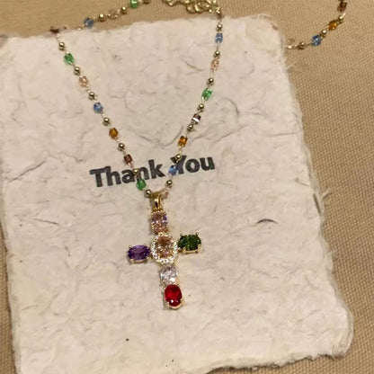 Colorful Rhinestone Cross Pendant Necklaces