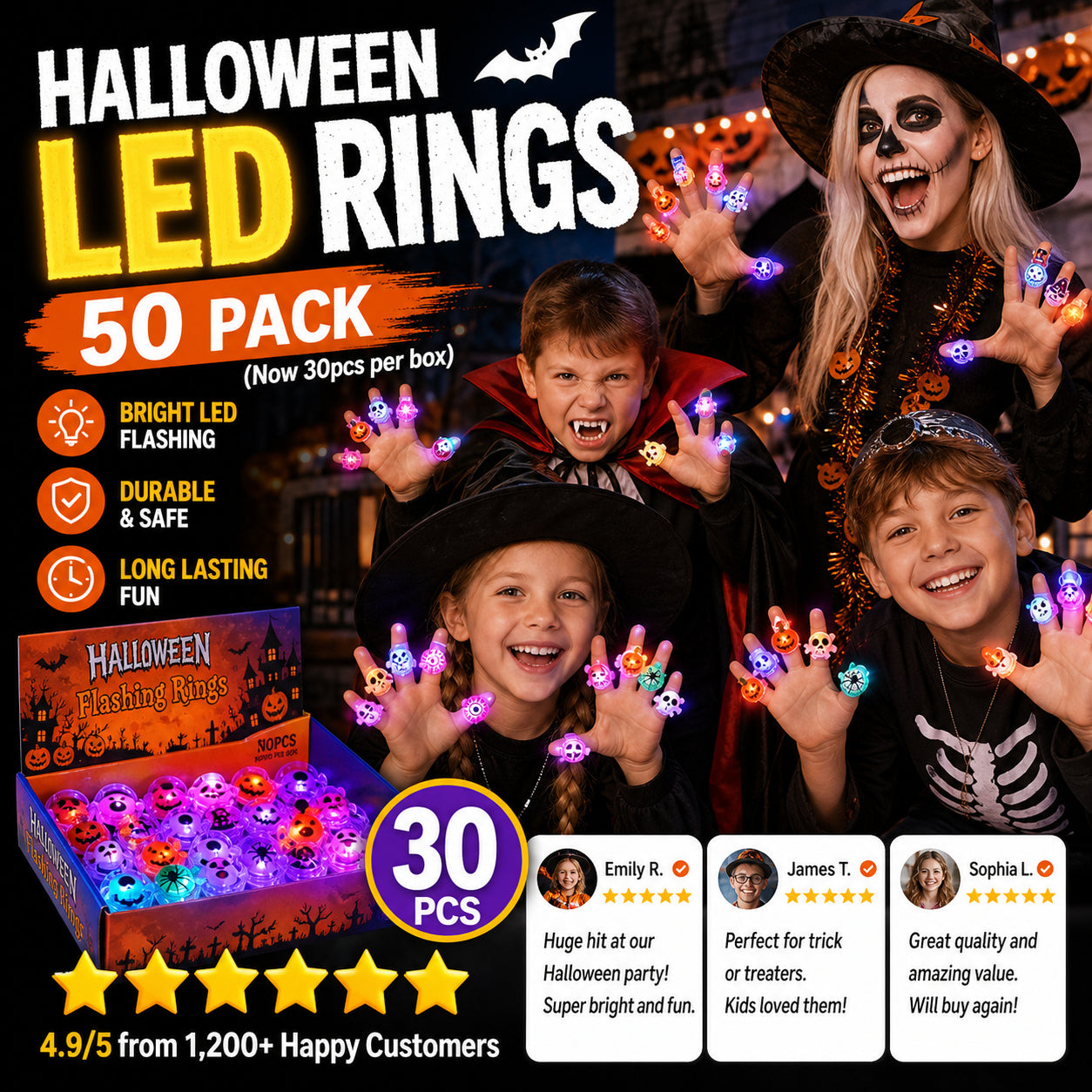 🔥🎃50 Pieces Each Box‼️✨LED Light Halloween Glowing Ring 💍| Flashing Light‑Up Party Favor for Halloween Night👻