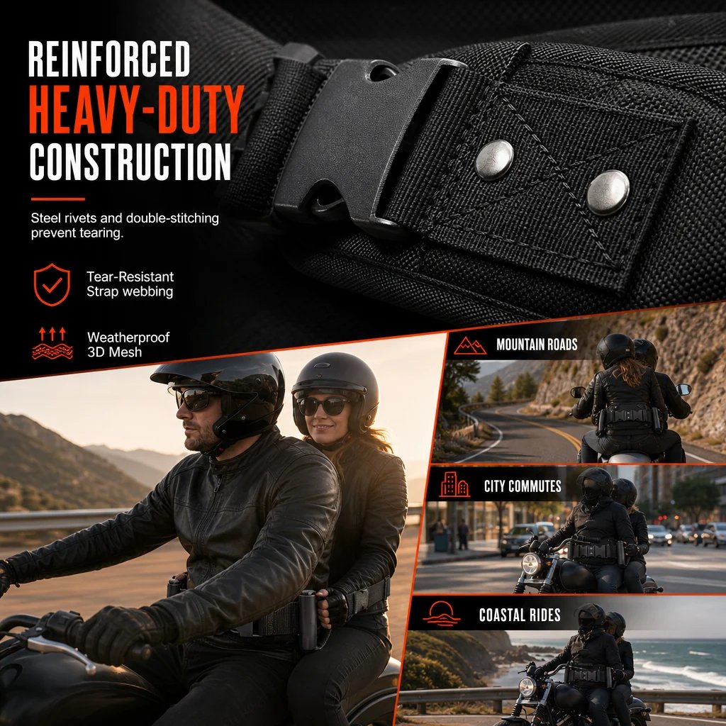 🏍️ Passenger Grip Belt: High-Tensile Nylon, Ergonomic Handle, Adjustable Waist Strap, for Motorcycle
