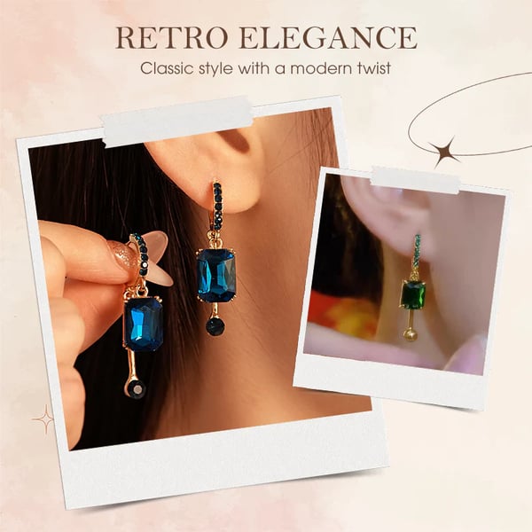 💎 ✨ Vintage Geometric Dangle Stud Earrings, Copper Frame Inlaid Synthetic Crystal Drop Earrings – Geometric, Dangling, Clip-On ✨