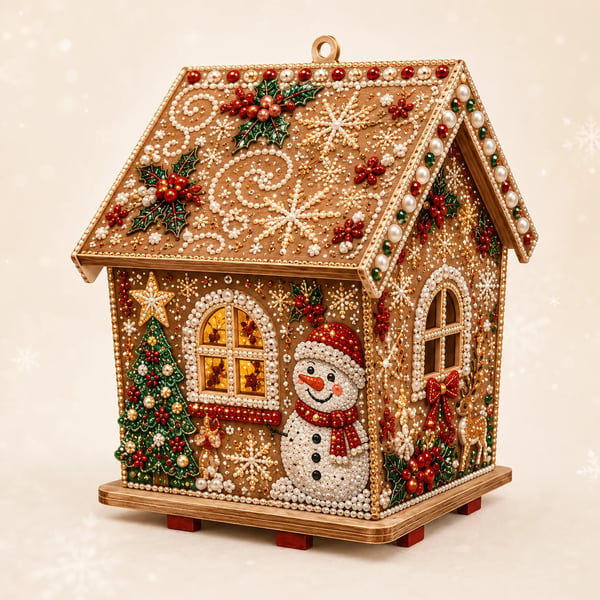 🎄Christmas Pearl Cottage Art Kit | Pre-Cut Wooden Panels, Sparkling Rhinestones, Pearl Beads & Complete Tools for a 3D Holiday House ✨