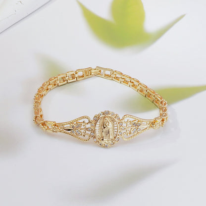 💥Elegant Hollow Flower Virgin Mary Bracelet – Filigree Design, Gold Plated, Faith Inspired ✨